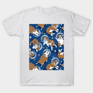 Sleepy astronaut // pattern // classic blue background white and bronze English Bulldogs goldenrod yellow antennas T-Shirt